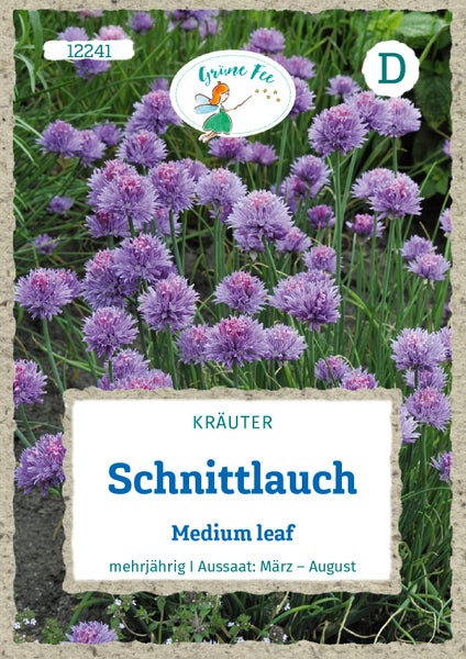 Grüne Fee Logo auf einer Samentüte für Schnittlauch Medium leaf. Abbildung von blühendem Schnittlauch, mehrjährig, Aussaat von März bis August.
