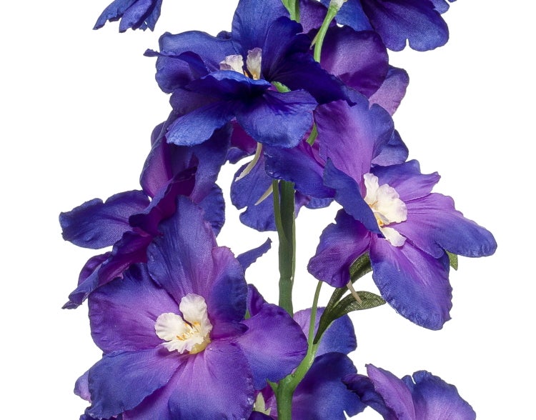 Künstlicher Rittersporn Zweig mit blauen Blüten und grünen Blättern.