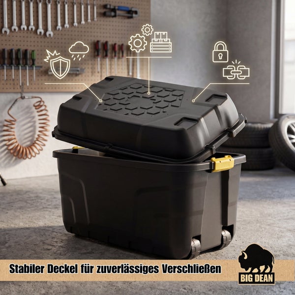 Stabile Kunststoff Aufbewahrungsbox mit Rollen und Deckel für Werkstatt und Lagerung mit Symbolen für Witterungsschutz und Verschlussmöglichkeiten.