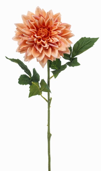 Künstliche Dahlie mit oranger Blüte und grünem Stiel mit Blättern.