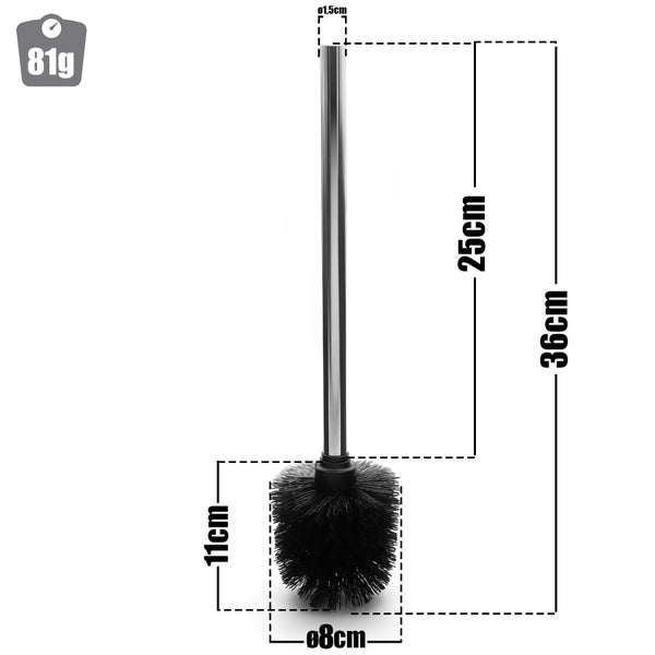 Toilettenbürste mit den Maßen 36 cm Höhe, 8 cm Durchmesser Bürstenkopf und 1,5 cm Durchmesser Griff