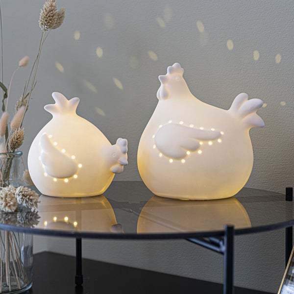 FRANK FLECHTWAREN | LED-Huhn White, 2er Set, PORZELLAN, KUNSTSTOFF, 11 x 9 x 10 cm, 12,5 x 11 x 13,5 cm