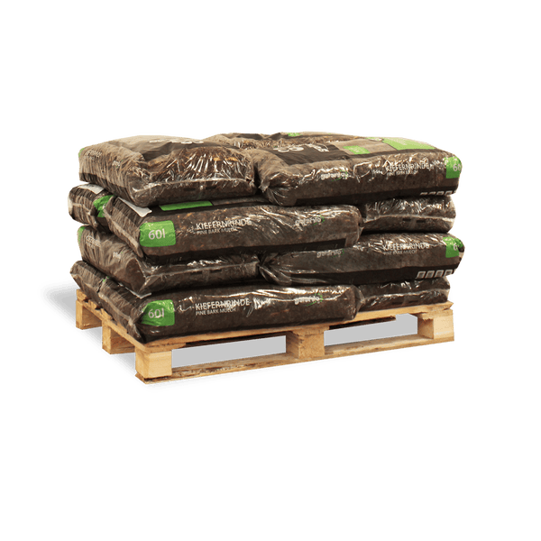 Palette mit mehreren 60 Liter Säcken Galanio Kiefernrinde Rindenmulch.