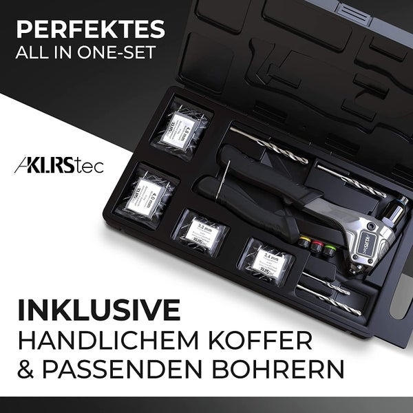 KLRStec® Professional Nietenzangen Set inkl. 120 Nieten und 4 HSS Bohrern – Hochwertige Popnietenzange zum verarbeiten von Blindnieten