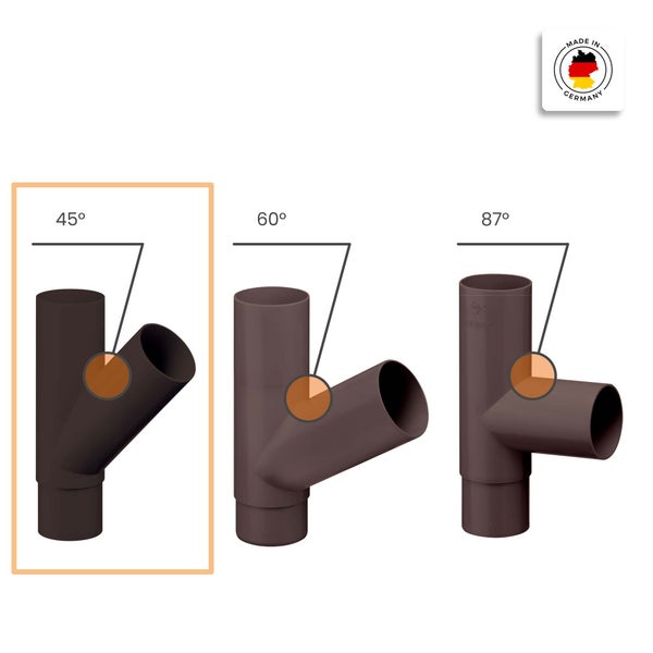Vergleich von Kunststoff-Abzweigen für Fallrohre mit Winkeln von 45 Grad, 60 Grad und 87 Grad, Fokus auf 45 Grad Abzweig, Made in Germany Siegel.