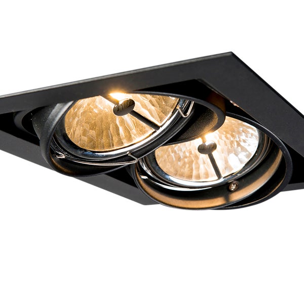 Schwarzer zweiflammiger Einbaustrahler mit rechteckigem Rahmen und zwei schwenkbaren Spots.