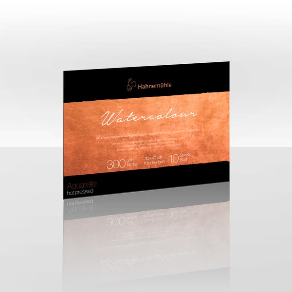 Hahnemühle Aquarellpapier Block, 300 Gramm pro Quadratmeter, 30 mal 40 Zentimeter, 10 Blatt, heiß gepresst, 100 Prozent Baumwolle.