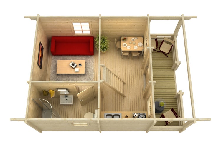 Grundriss eines Blockhauses mit Wohnzimmer, Bad, Küche, Esszimmer und Terrasse