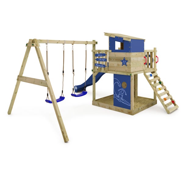WICKEY Spielturm Klettergerüst Smart Camp mit Schaukel und Rutsche, Baumhaus mit Sandkasten, Kletterleiter und Spiel-Zubehör - blau