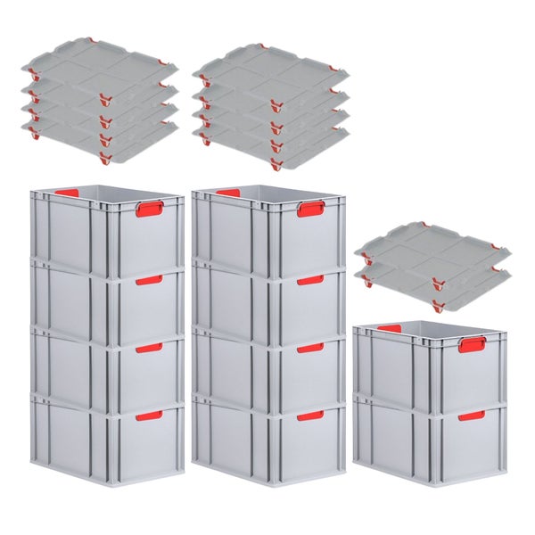 PROREGAL Spar Set 10x Eurobox Nextgen Color Mit Auflagedeckel & Schiebeschnappverschlüsse HxBxT 32 x 40 x 60 cm Griffe Rot Verstärkter Boden