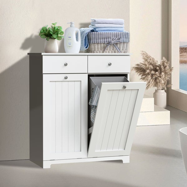 ML-Design Wäscheschrank mit 2 ausklappbaren Wäschesäcken, Weiß, 75x37x90 cm, Wäschesammler mit 2 Schubladen, viel Stauraum, Wäschebox MDF, Wäschekorb Wäschetruhe Badezimmerschrank Badschrank Badmöbel