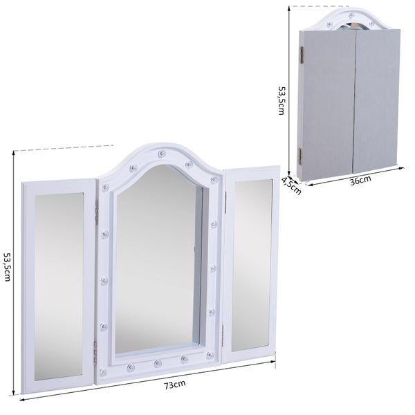 HOMCOM Kosmetikspiegel Schminkspiegel 16 x LED-Beleuchtung freistehend 180° ausklappbar Batteriebetrieben Weiß 3 Spiegel 73 x 53,5 x 4,5 cm