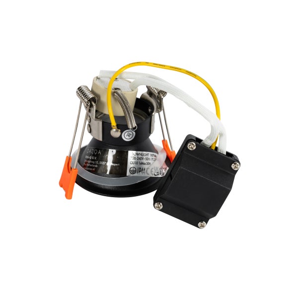 Schwarze Einbauleuchte mit GU10 Fassung, Anschlussdose und Klemmfedern.