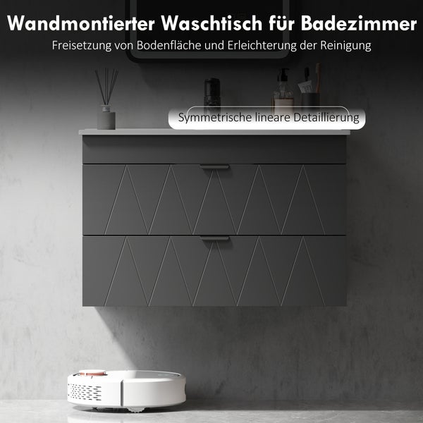 Wandmontierter Waschtischunterschrank für das Badezimmer mit zwei Schubladen und symmetrischem geometrischem Muster.