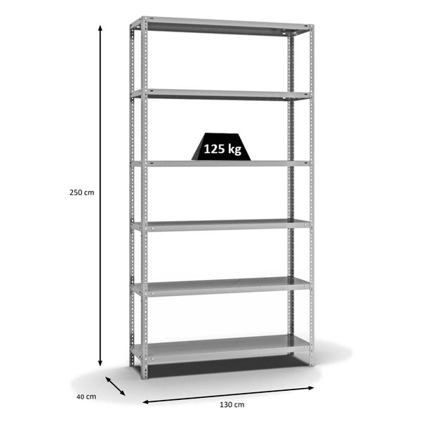 PROREGAL Fachbodenregal Schraubsystem Light-Duty Grundregal HxBxT 250 x 130 x 40 cm 6 Ebenen Fachlast 125 kg Beidseitig Nutzbar Verzinkt