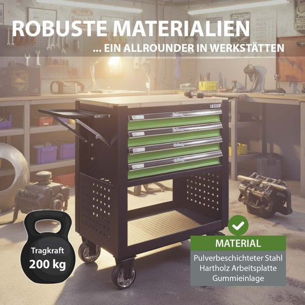 Werkstattwagen mit Schubladen, Ablagefläche, seitlicher Ablage und einer Tragkraft von 200 Kilogramm