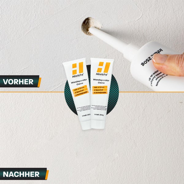 Hinrichs Wandreparatur-Set mit zwei Tuben Reparaturcreme, Anwendung der Creme in ein Loch in der Wand, Vorher-Nachher-Vergleich.