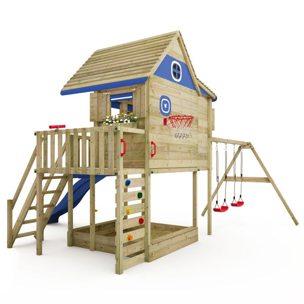 WICKEY Stelzenhaus Smart GreenHouse mit Schaukel und Rutsche,integriertem Sandkasten und großem Spielhaus mit massiver Treppe mit Handlauf, Fenstern, Rollos und Blumenkasten -  blau