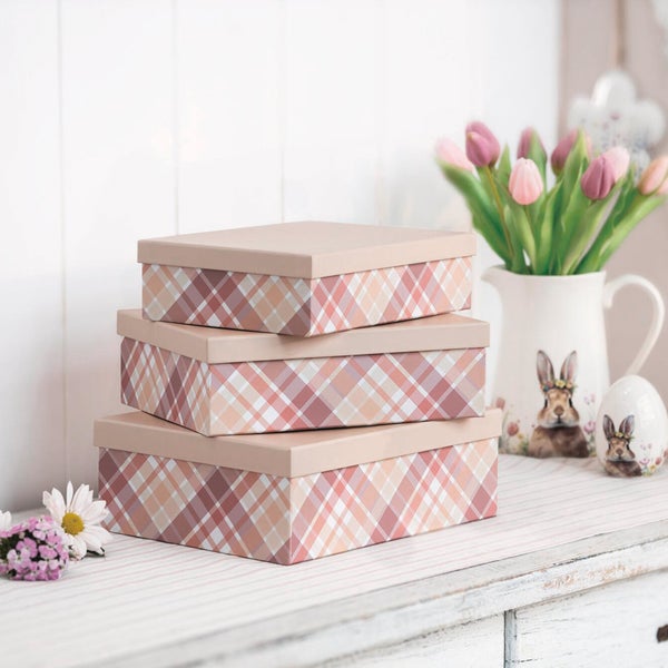 FRANK FLECHTWAREN|Geschenkbox Kariert, 3er Set, 25 x 19 x 7 cm, 27 x 21 x 8,5 cm, 29 x 23 x 10 cm, PAPIER