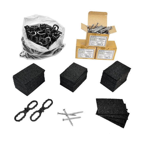 Terrassenbau-Set bestehend aus Abstandshaltern, Gummipads und Terrassenschrauben aus Edelstahl in Kartons.