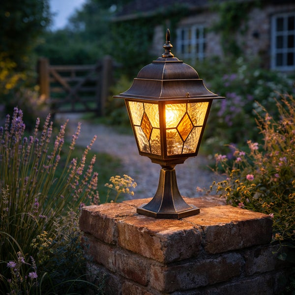 Traditionelle Außen-Sockelleuchte mit Bronze-Finish und dekorativem bernsteinfarbenem Glas, warm beleuchtet auf einer Steinmauer in einem Garten.
