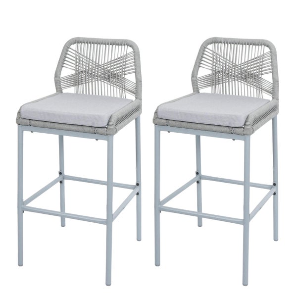 Zwei graue Barhocker mit Seilgeflecht und Sitzkissen