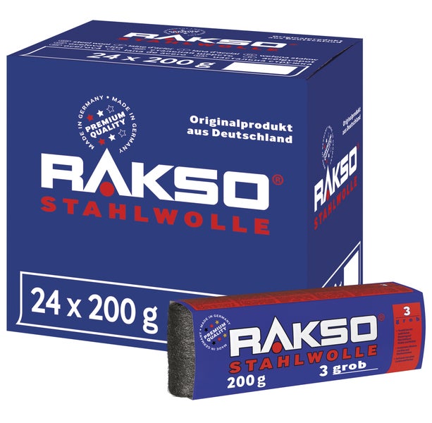 Rakso Stahlwolle Sorte 3 grob, Einzelpackung 200 Gramm und Großpackung mit 24 Stück, Premiumqualität und Herstellung in Deutschland.