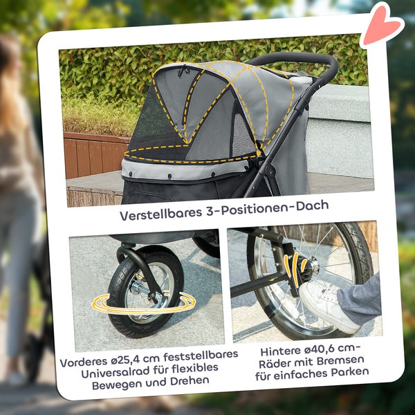 PawHut Hundewagen Jogger Hundebuggy klappbar für kleine Hunde & Katzen bis 10 kg Katzenbuggy mit 3 große Gummiräder, Kissen Netzfenstern Aufbewahrungskorb Katzenwagen mit Sicherheitsleinen, Grau