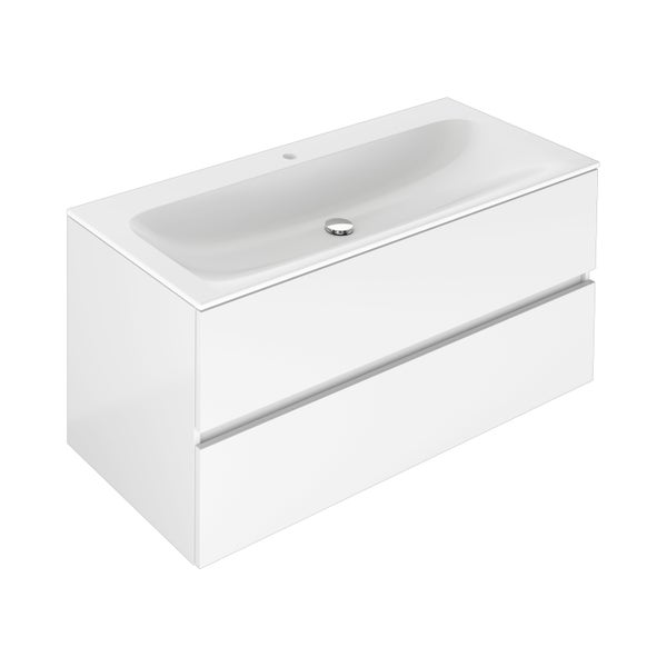 Wandhängender Waschbeckenunterschrank mit zwei Schubladen und passendem Waschbecken. Modernes Design in Weiß mit Hahnloch und Ablauf.