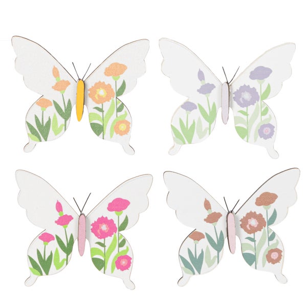Vier dekorative Schmetterlinge aus Holz mit Blumenmuster