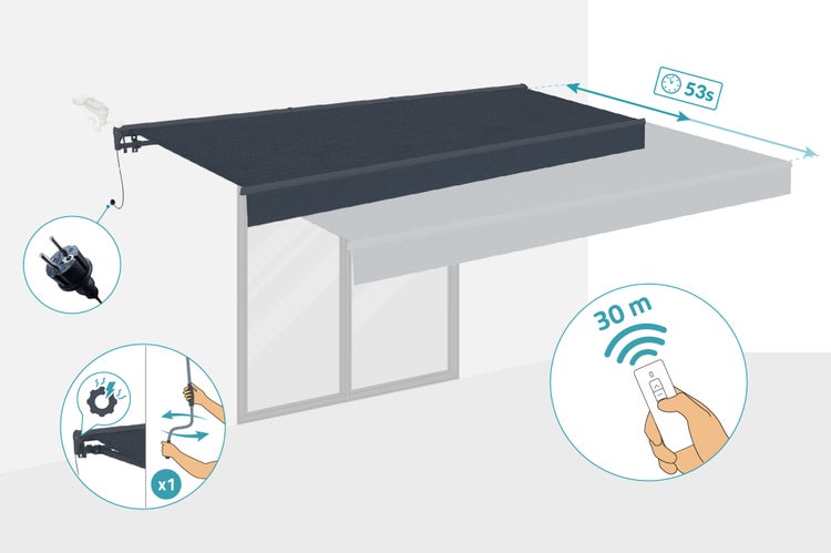 FAZZIO 4x3m Graue motorisierte Halbkassettenmarkise - Premium-Canvas 320 g/m²