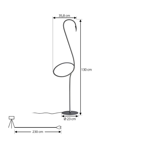 LED-Stehleuchte mit Maßen: Höhe 130 Zentimeter, Breite 35,8 Zentimeter, Fuß-Durchmesser 23 Zentimeter und Kabellänge 230 Zentimeter.