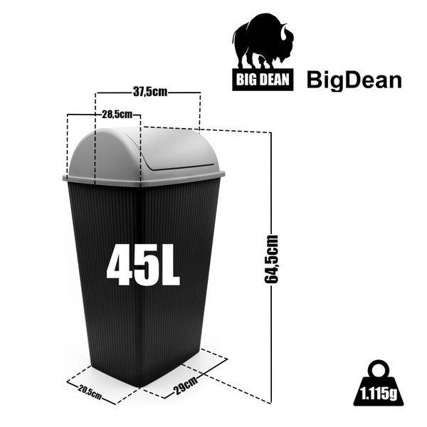 BigDean Mülleimer mit Schwingdeckel 45 L Anthrazit – Abfalleimer für die Küche & Büro – Müllbehälter aus robustem & geruchsdichtem Kunststoff – Made in Europe