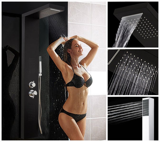 Duschpaneel mit Regendusche und Handbrause in einem modernen Badezimmer, Frau beim Duschen, verschiedene Detailansichten des Wasserstrahls.
