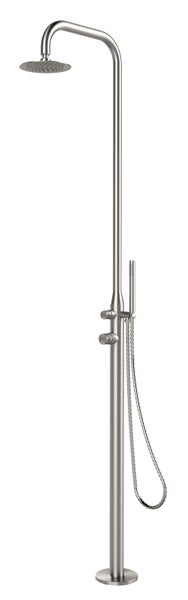 Freistehende Duschsäule aus Edelstahl mit rundem Duschkopf, Handbrause und zwei Reglern für die Bodenmontage.