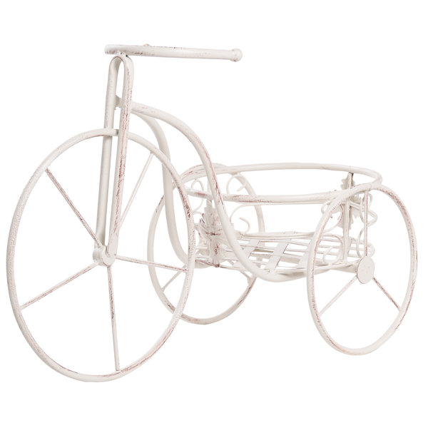 Dekorativer Blumentopfhalter aus Metall in Form eines Dreirads im Vintage-Stil.