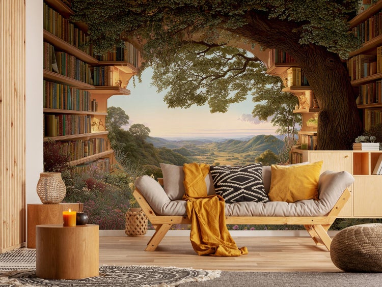 Wohnzimmer mit hölzernem Schlafsofa, Kissen und Landschaftstapete mit Bücherregalen und Baum