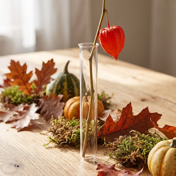 Herbstliche Tischdekoration mit einer Glasvase, Lampionblume, Kürbissen, Moos und Laub auf einem Holztisch.