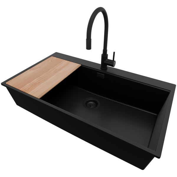 PRIMAGRAN Granitspüle Alles Schwarz 88x50cm, Spülbecken 1 Becken + Küchenarmatur 40x38cm + Ablauf-Set + Schneidebrett, Küchenspüle ab 90er Unterschrank - Oslo