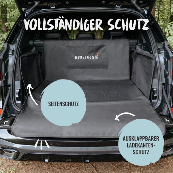 Rudelkoenig Logo Kofferraumschutz mit Seitenschutz und ausklappbarem Ladekantenschutz im Auto