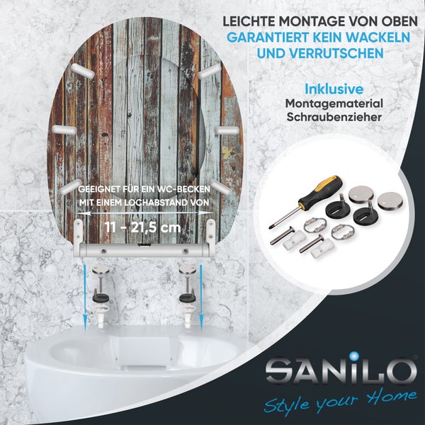 Sanilo WC Sitz mit Holzoptik Muster und Montagematerial inklusive Schraubendreher für eine einfache Montage von oben.