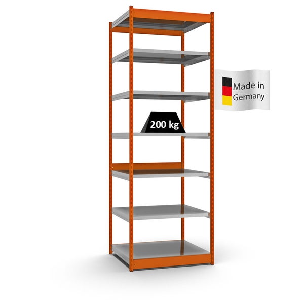 PROREGAL Fachbodenregal Stecksystem Vierkant-Profil Grundregal HxBxT 300 x 102,5 x 80 cm 7 Ebenen Einseitige Bauart Fachlast 200 kg Orange