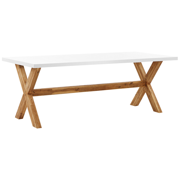 Esstisch mit weißer Tischplatte und kreuzförmigem Holzgestell.