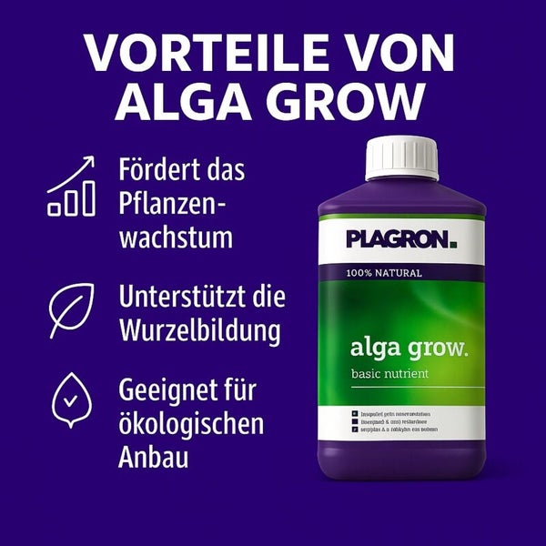 Plagron Alga Grow Pflanzennahrung in einer Flasche, geeignet für ökologischen Anbau, zur Förderung von Pflanzenwachstum und Wurzelbildung.
