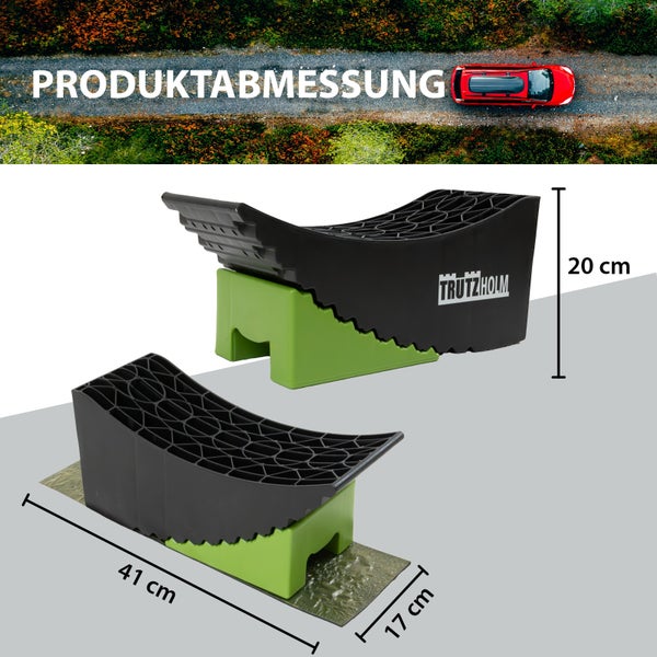 Produktabbildung von zwei Unterlegkeilen mit den Maßen 41 cm Länge, 17 cm Breite und 20 cm Höhe.