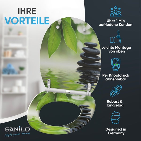 Sanilo WC-Sitz mit doppelter Absenkautomatik und Schnellverschluss. Motiv mit Blättern und Steinen. Sanilo Logo.