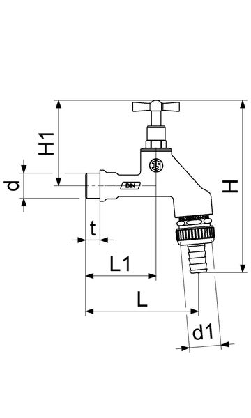 Technische Zeichnung eines Auslaufventils mit Maßangaben für Anschluss, Höhe und Länge.