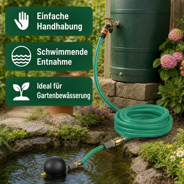 Regenfass mit angeschlossenem Gartenschlauch und schwimmender Entnahmevorrichtung zur effizienten Gartenbewässerung.