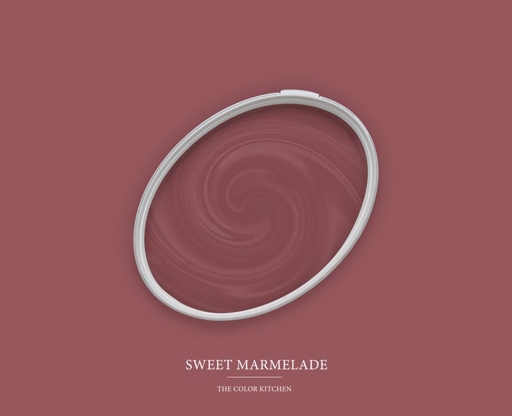 Wandfarbe Sweet Marmelade von The Color Kitchen als Farbmuster mit Farbwirbel in einem ovalen Rahmen.