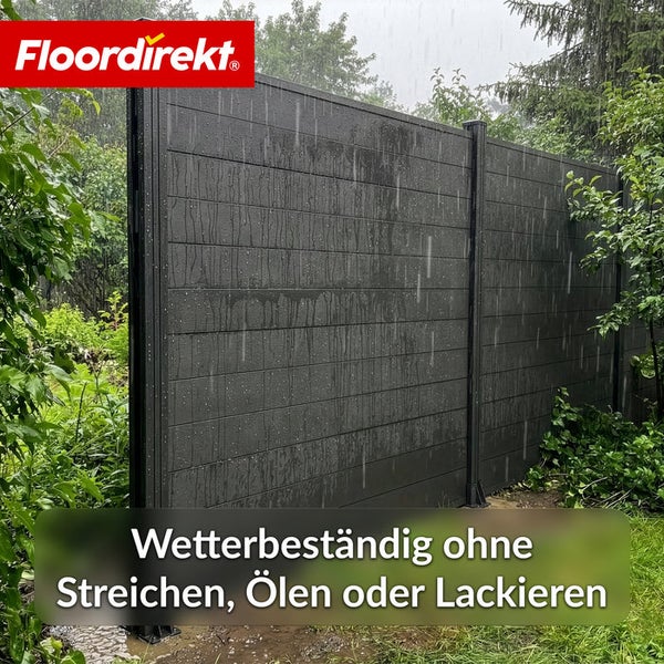 FloorDirekt Logo. Witterungsbeständiger grauer Sichtschutzzaun aus Kunststoff im Garten.